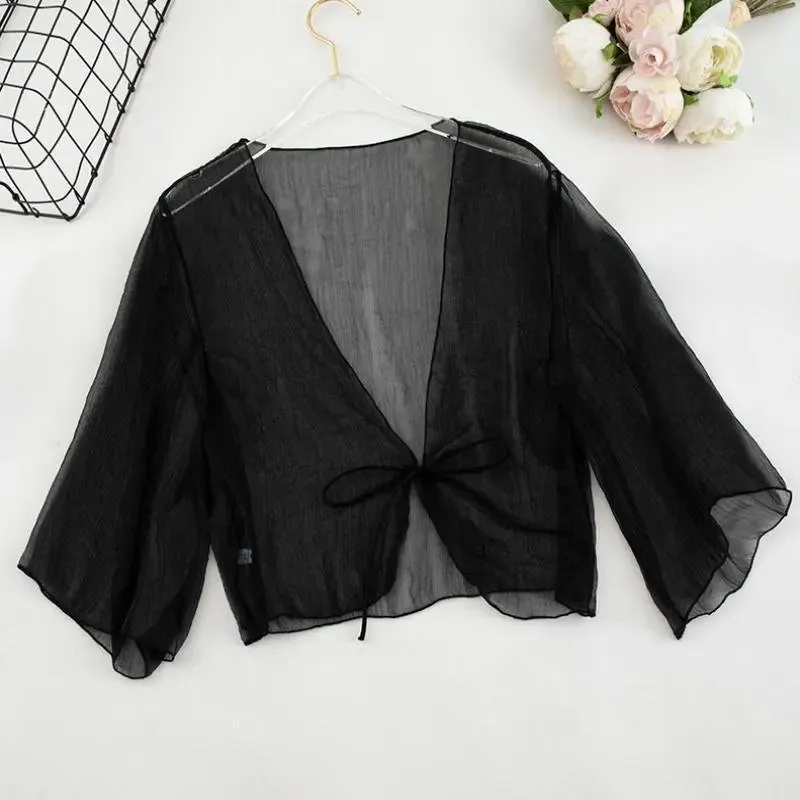 Liba Sin Women Summer Crinkle Chiffon Cardigan Sheer Casual Hawaii Style See Through Transparent Loose Top For Vacation