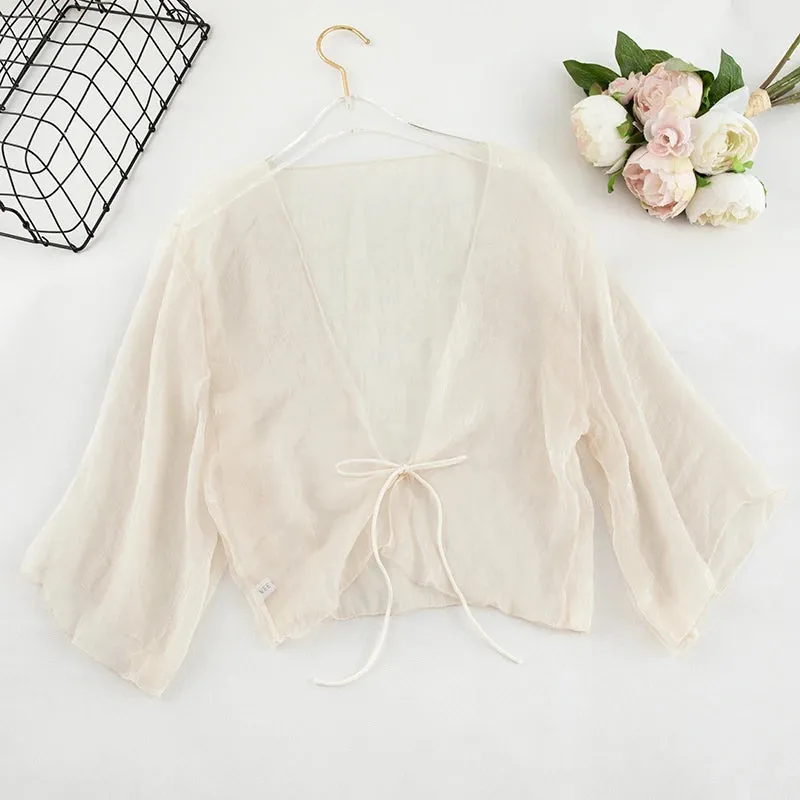 Liba Sin Women Summer Crinkle Chiffon Cardigan Sheer Casual Hawaii Style See Through Transparent Loose Top For Vacation