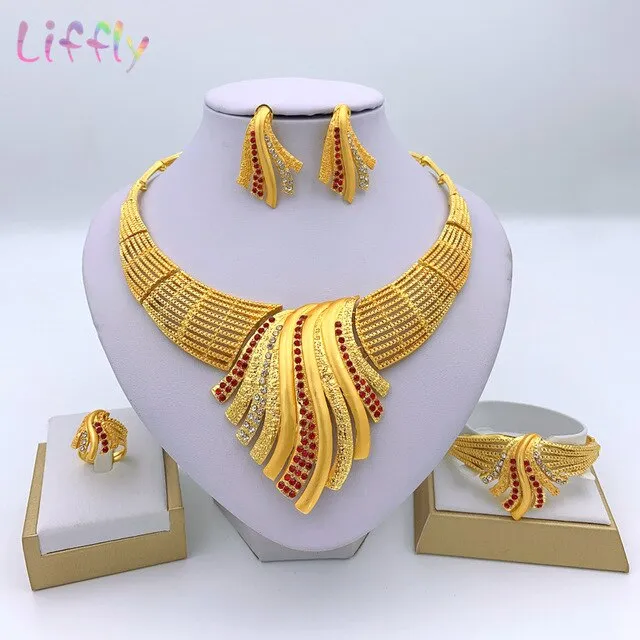 Liffly African Bridal Dubai Jewelry Sets Crystal Big Necklace Earrings Ring Bracelet Nigerian Women Fashion Wedding Gold Jewelry