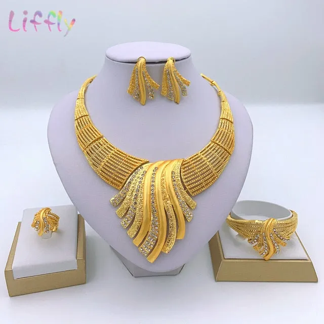 Liffly African Bridal Dubai Jewelry Sets Crystal Big Necklace Earrings Ring Bracelet Nigerian Women Fashion Wedding Gold Jewelry