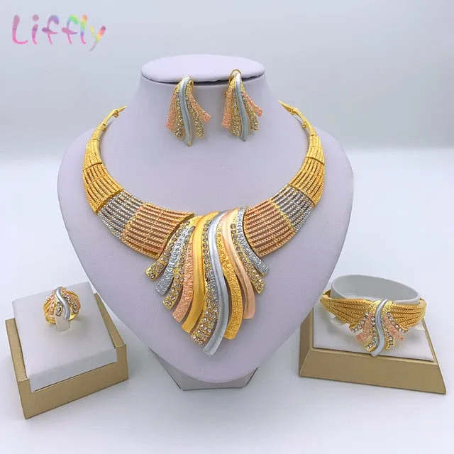 Liffly African Bridal Dubai Jewelry Sets Crystal Big Necklace Earrings Ring Bracelet Nigerian Women Fashion Wedding Gold Jewelry