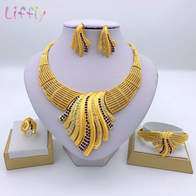 Liffly African Bridal Dubai Jewelry Sets Crystal Big Necklace Earrings Ring Bracelet Nigerian Women Fashion Wedding Gold Jewelry