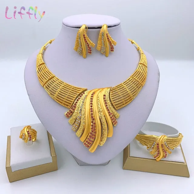 Liffly African Bridal Dubai Jewelry Sets Crystal Big Necklace Earrings Ring Bracelet Nigerian Women Fashion Wedding Gold Jewelry