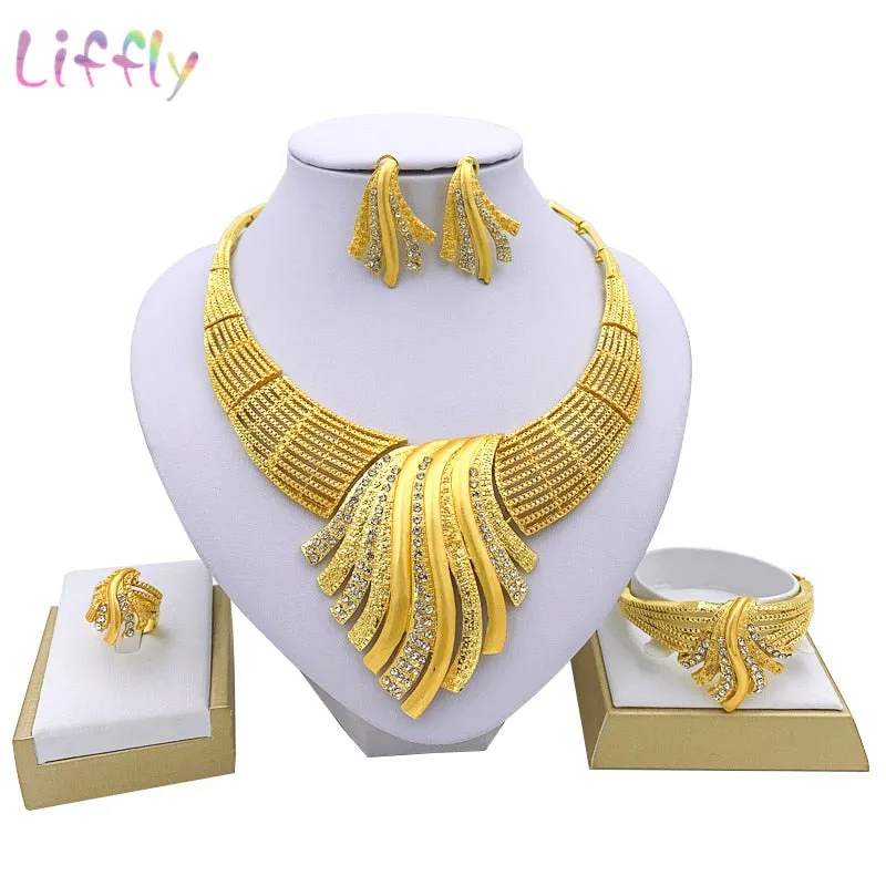 Liffly African Bridal Dubai Jewelry Sets Crystal Big Necklace Earrings Ring Bracelet Nigerian Women Fashion Wedding Gold Jewelry