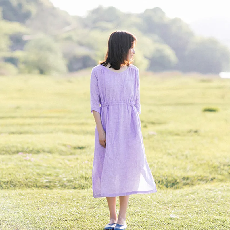 Light Purple Linen Women Dresses Half Sleeves U Neck Midi Dresses XH9647