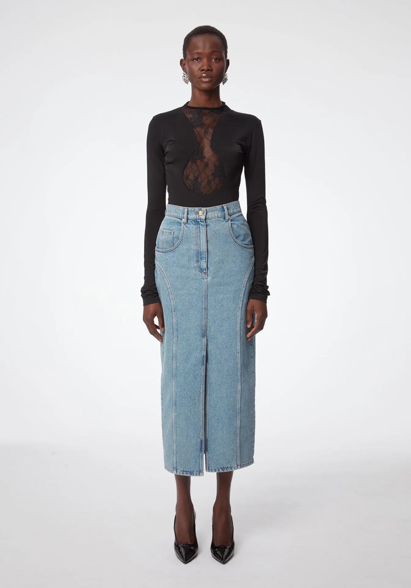 Long Denim Skirt with Front Slit