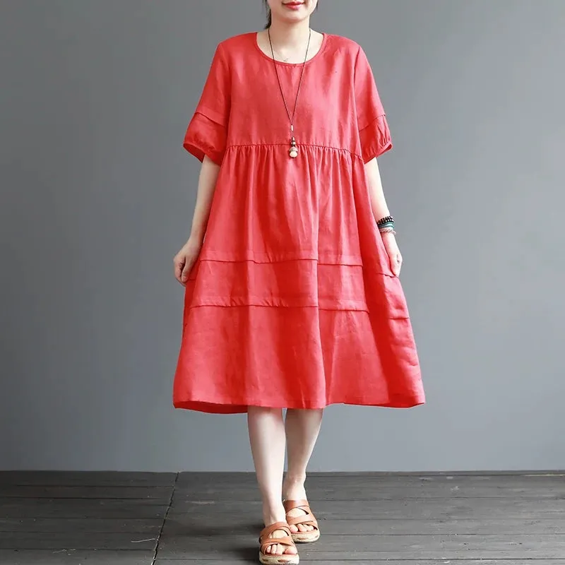 Loose Fit Style Spring Women Dresses Pleated Linen Cotton  CH90410