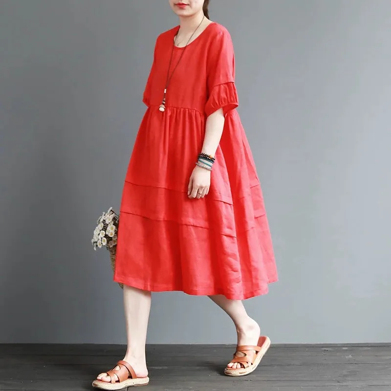 Loose Fit Style Spring Women Dresses Pleated Linen Cotton  CH90410