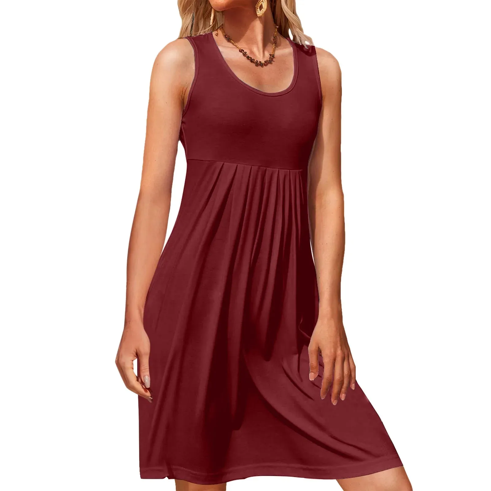 Loose Pleated Sleeveless Fashion Tank Patchwork Knee Length Plus Size Midi Casual Dress