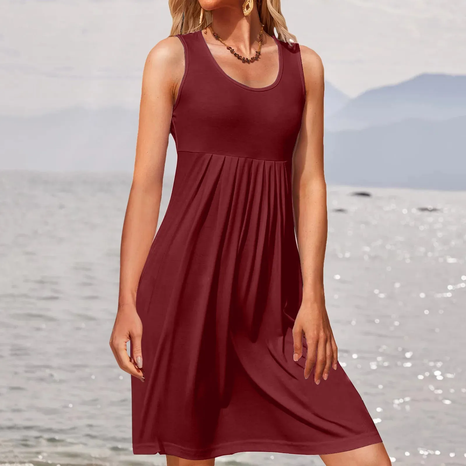 Loose Pleated Sleeveless Fashion Tank Patchwork Knee Length Plus Size Midi Casual Dress