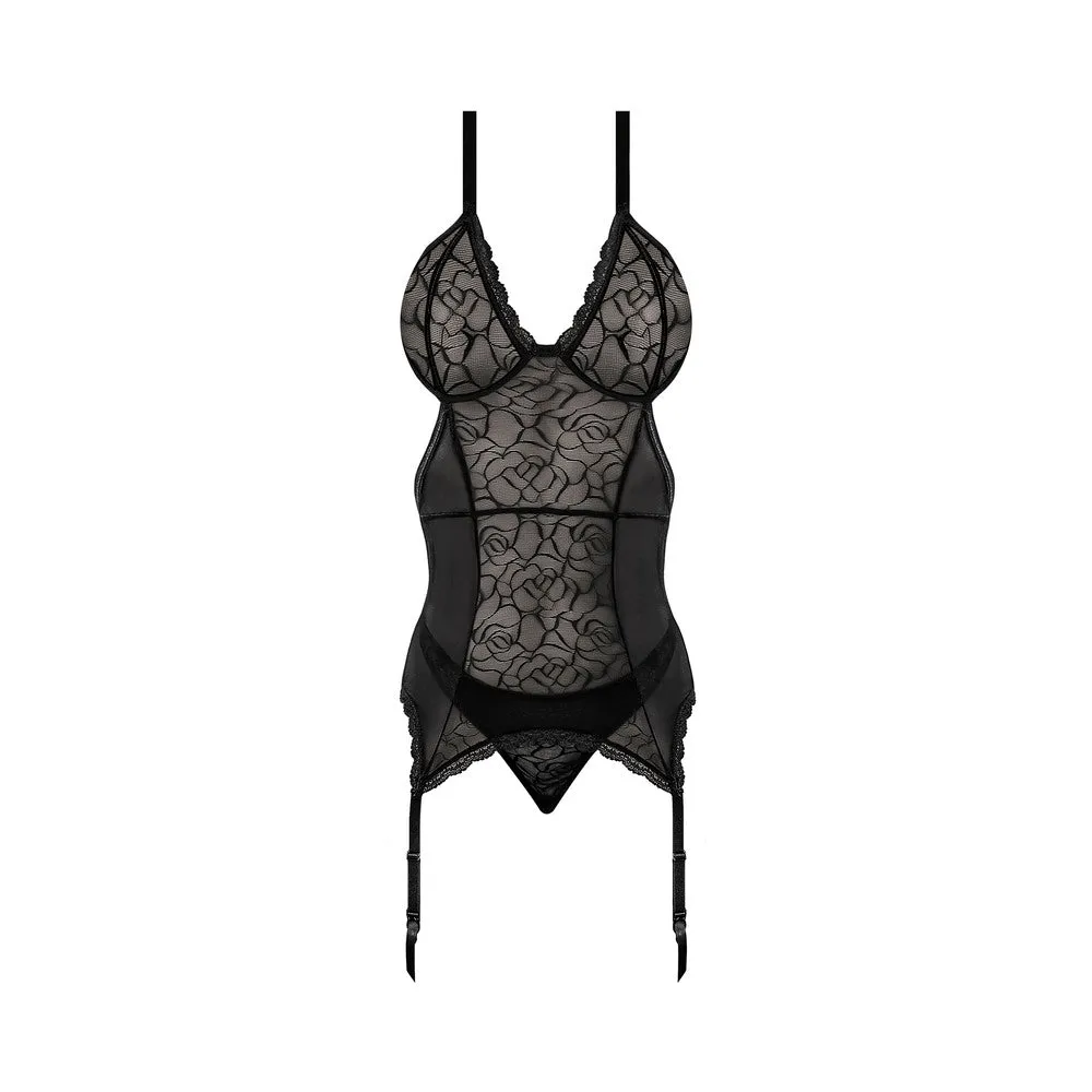 Magic Silk Soft Petals Floral Mesh Basque with Garter Straps & Thong Set Black