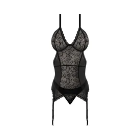 Magic Silk Soft Petals Floral Mesh Basque with Garter Straps & Thong Set Black