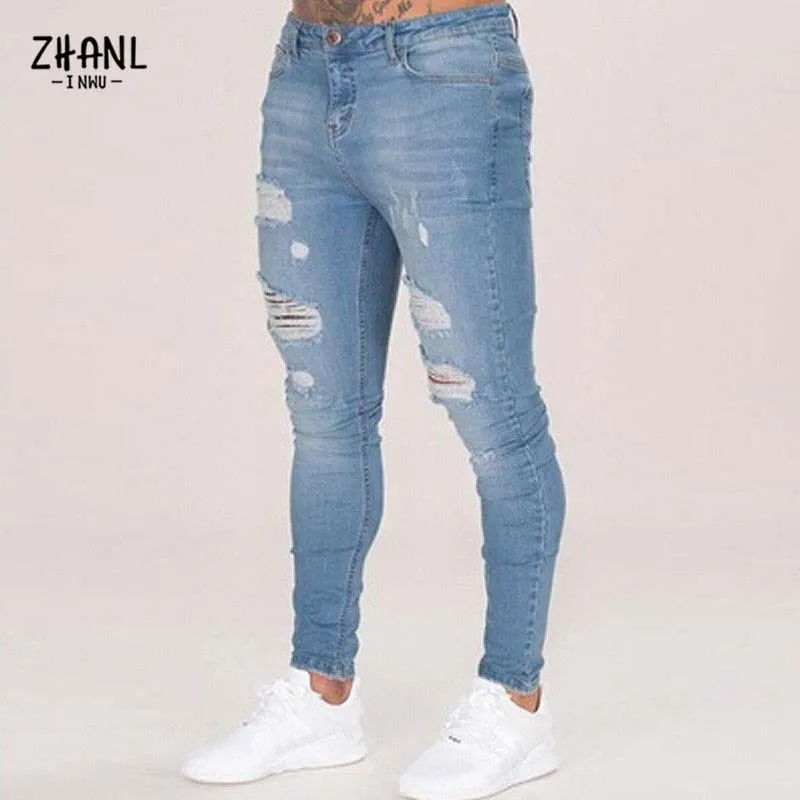 Men Jeans Fashion Skinny Pants Man Ripped Wash Solid Denim Casual Pants - MJN0059