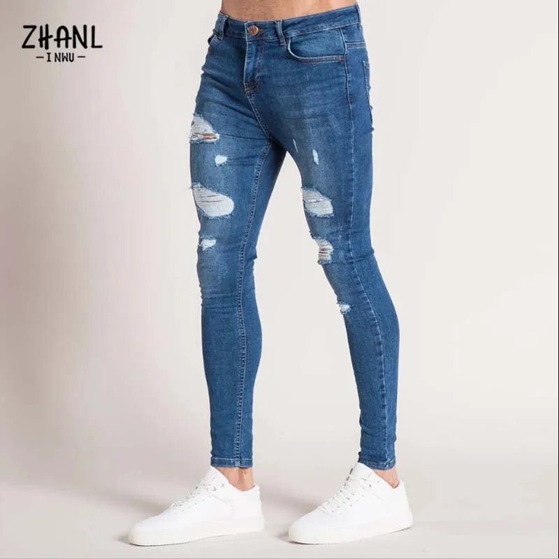 Men Jeans Fashion Skinny Pants Man Ripped Wash Solid Denim Casual Pants - MJN0059