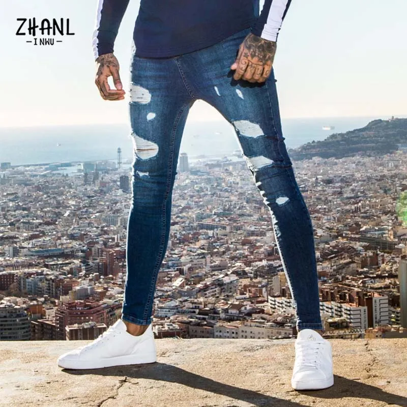 Men Jeans Fashion Skinny Pants Man Ripped Wash Solid Denim Casual Pants - MJN0059