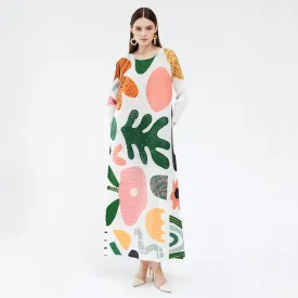 Miyake Pleated Floral Short Sleeve Maxi Dress