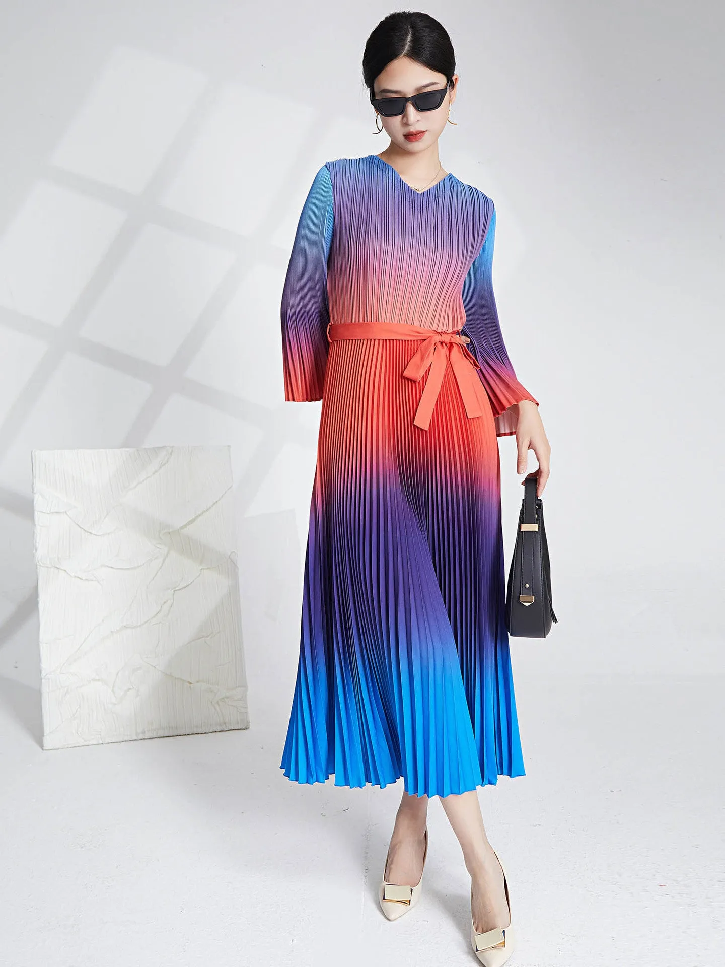 Miyake Pleated Gradient V-Neck Midi Dress