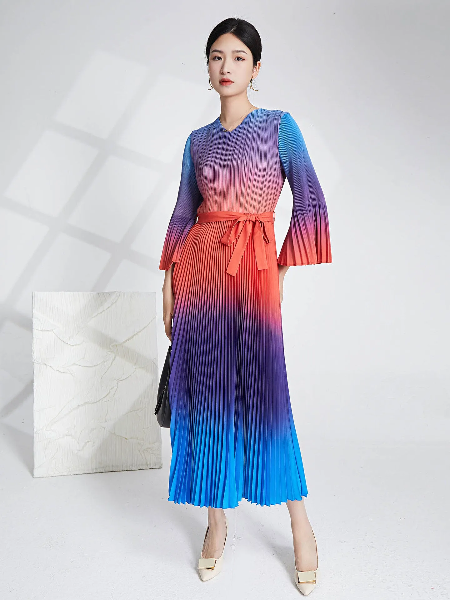 Miyake Pleated Gradient V-Neck Midi Dress