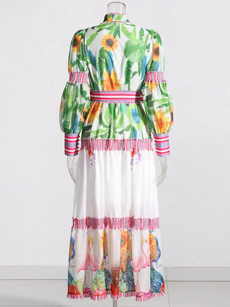 Multicolor Floral Print Lantern Sleeve Midi Dress