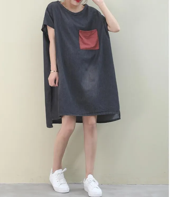 Patchwork O Neck Women Dresses Casual Linen Women Dresses Bat Short Sleeve WG97215