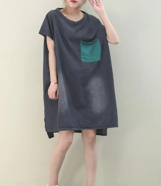 Patchwork O Neck Women Dresses Casual Linen Women Dresses Bat Short Sleeve WG97215