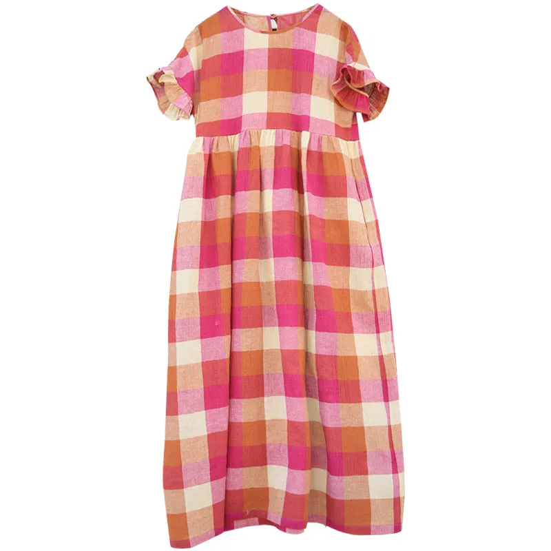 Plaid Casual Summer Dress Long Women Linen Loose Party Dresses Z97301