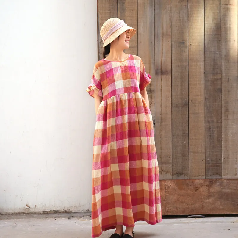 Plaid Casual Summer Dress Long Women Linen Loose Party Dresses Z97301