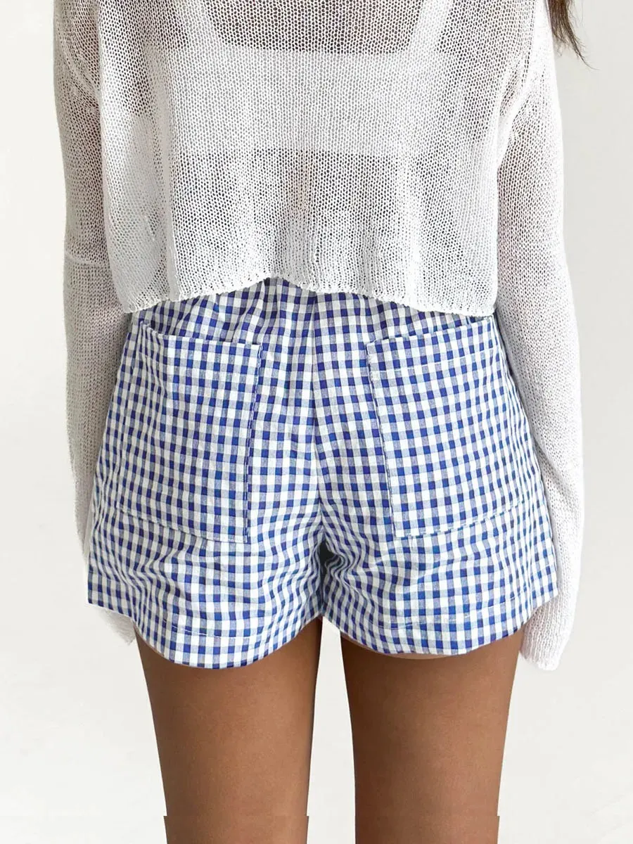 Plaid Print Elastic High Rise Lounge Pockets Summer Short