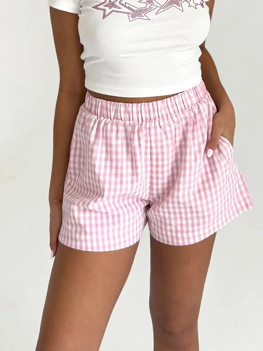 Plaid Print Elastic High Rise Lounge Pockets Summer Short