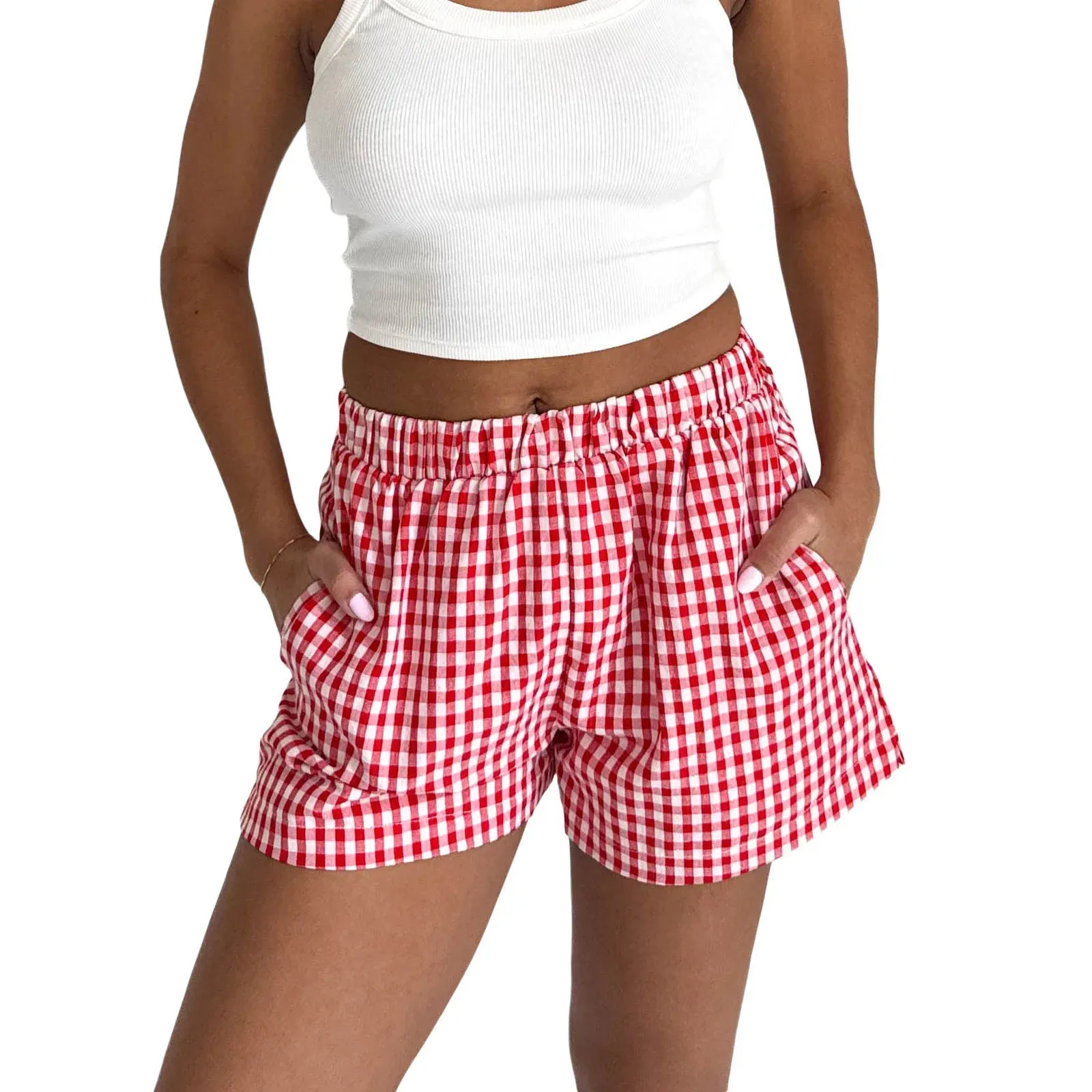 Plaid Print Elastic High Rise Lounge Pockets Summer Short