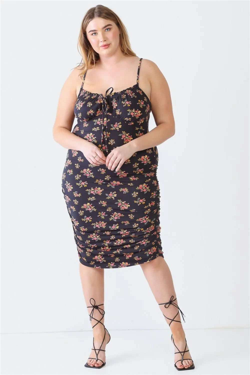 Plus Size Ruched Floral Square Neck Cami Dress