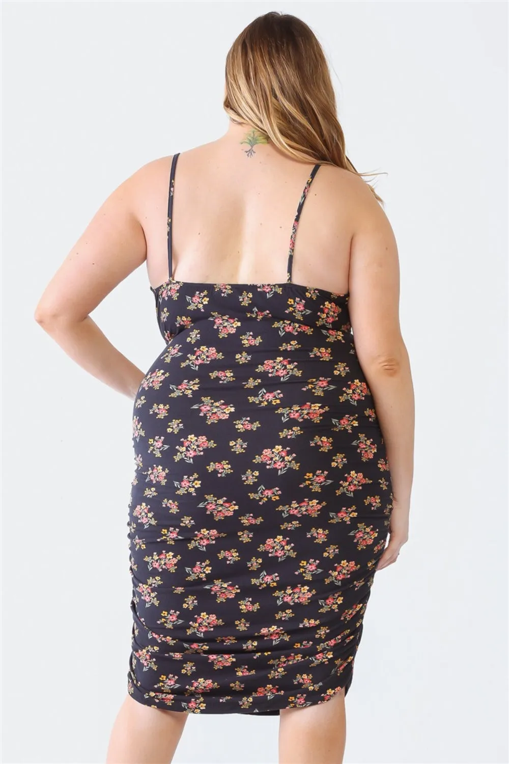 Plus Size Ruched Floral Square Neck Cami Dress