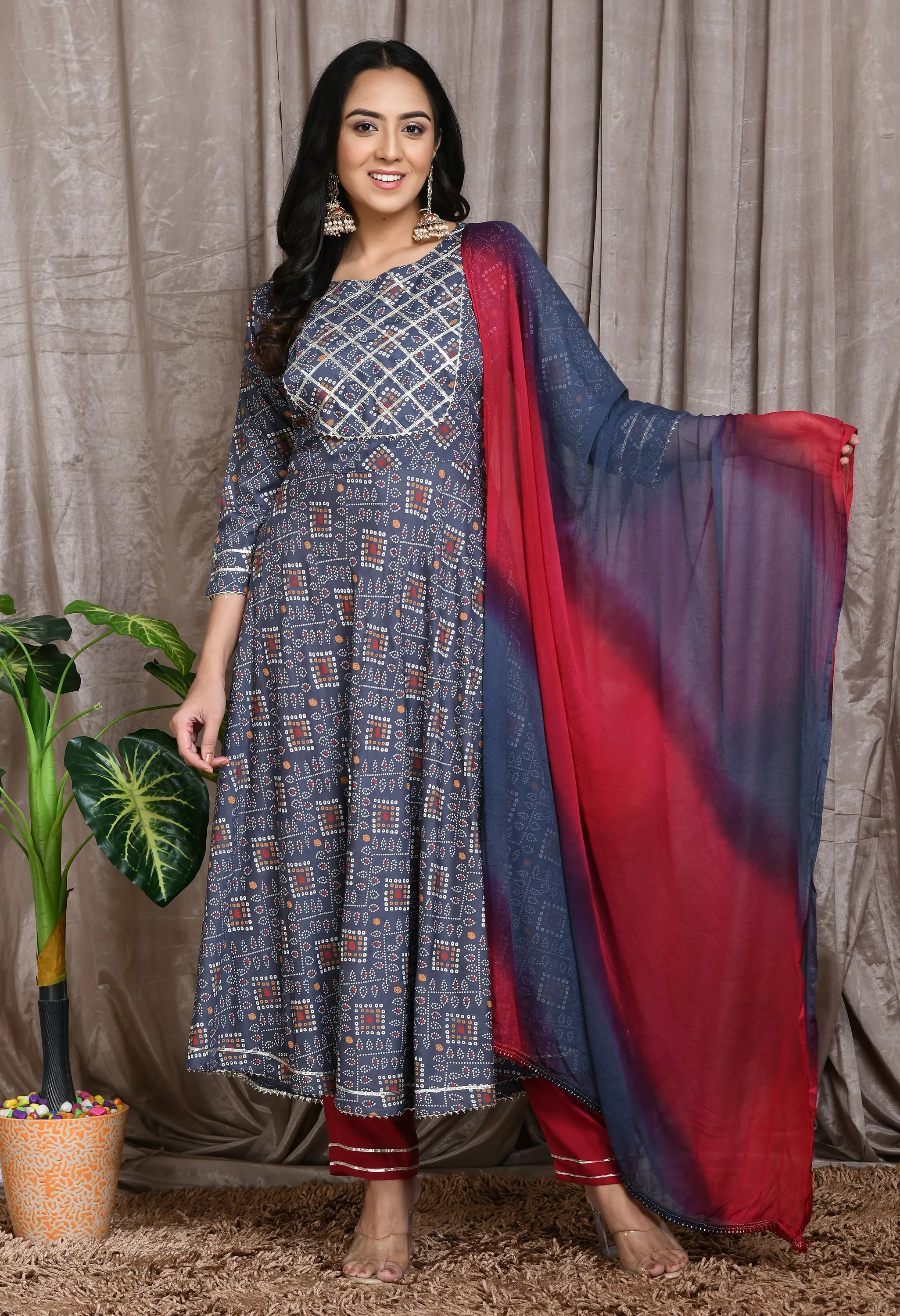 Plus Size Women Grey Printed Anarkali Kurta Set