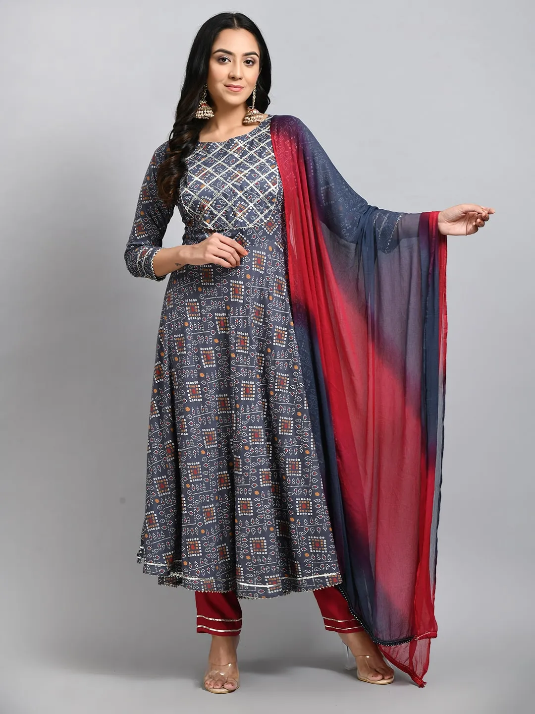 Plus Size Women Grey Printed Anarkali Kurta Set