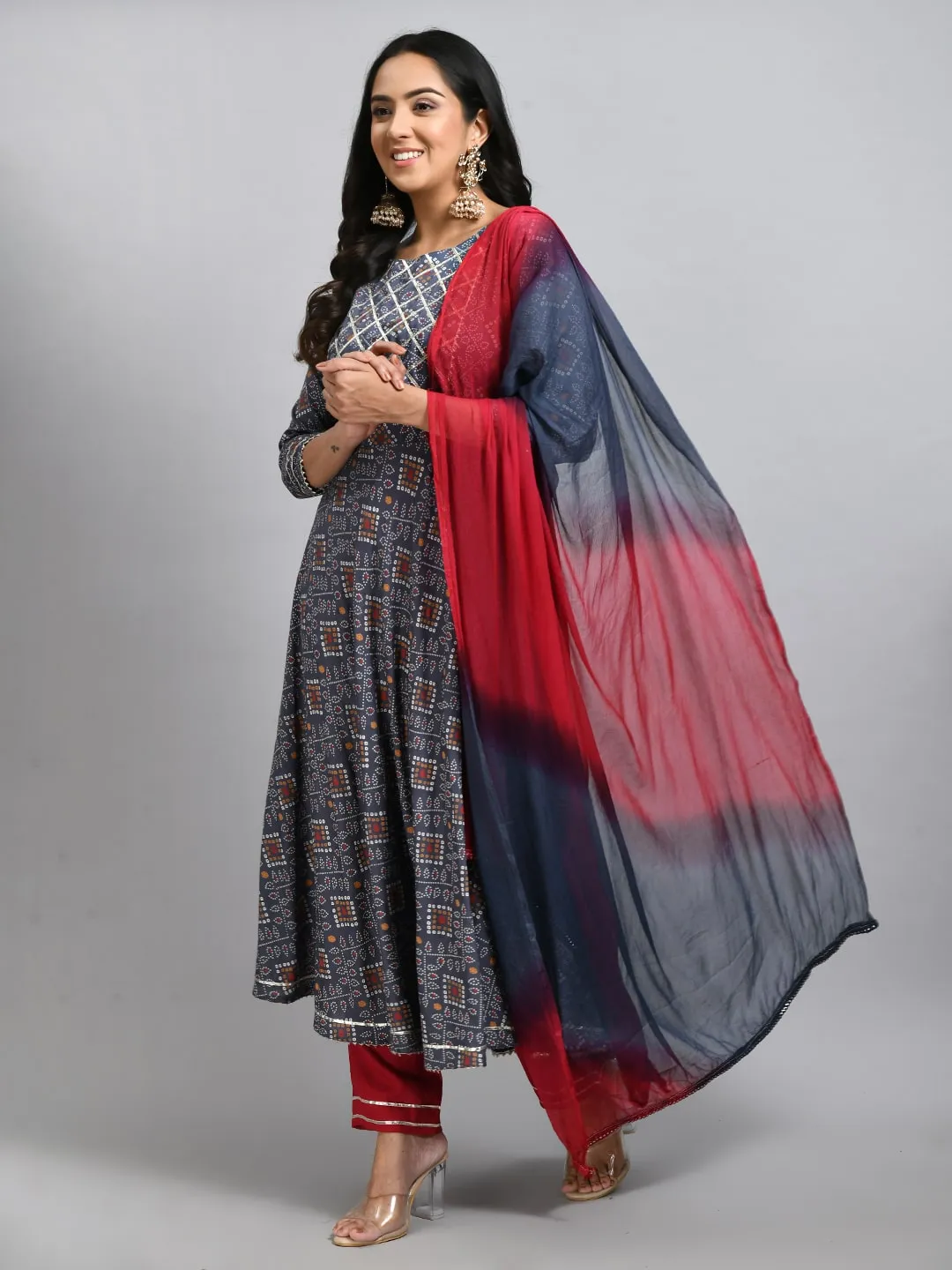 Plus Size Women Grey Printed Anarkali Kurta Set