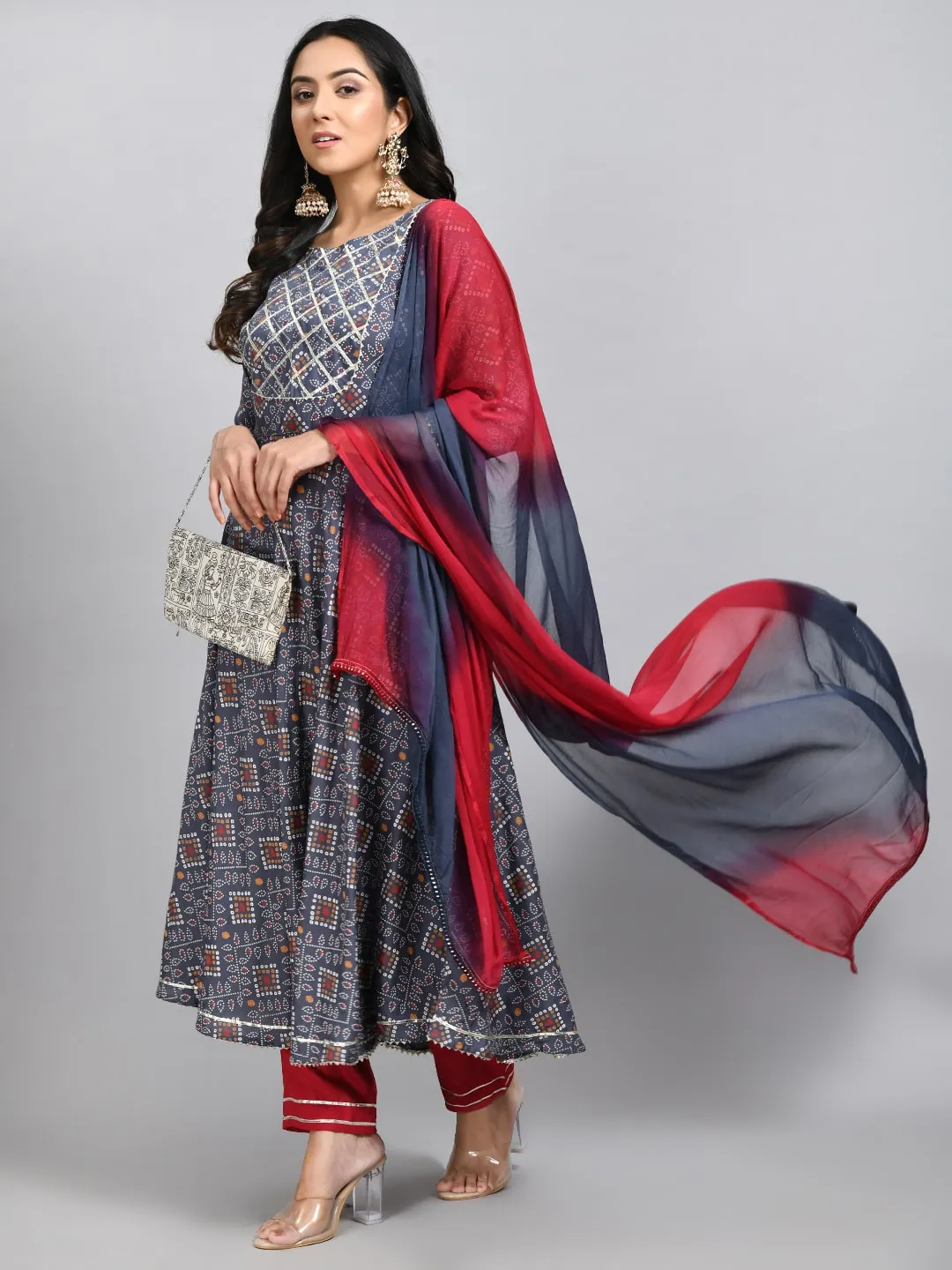 Plus Size Women Grey Printed Anarkali Kurta Set