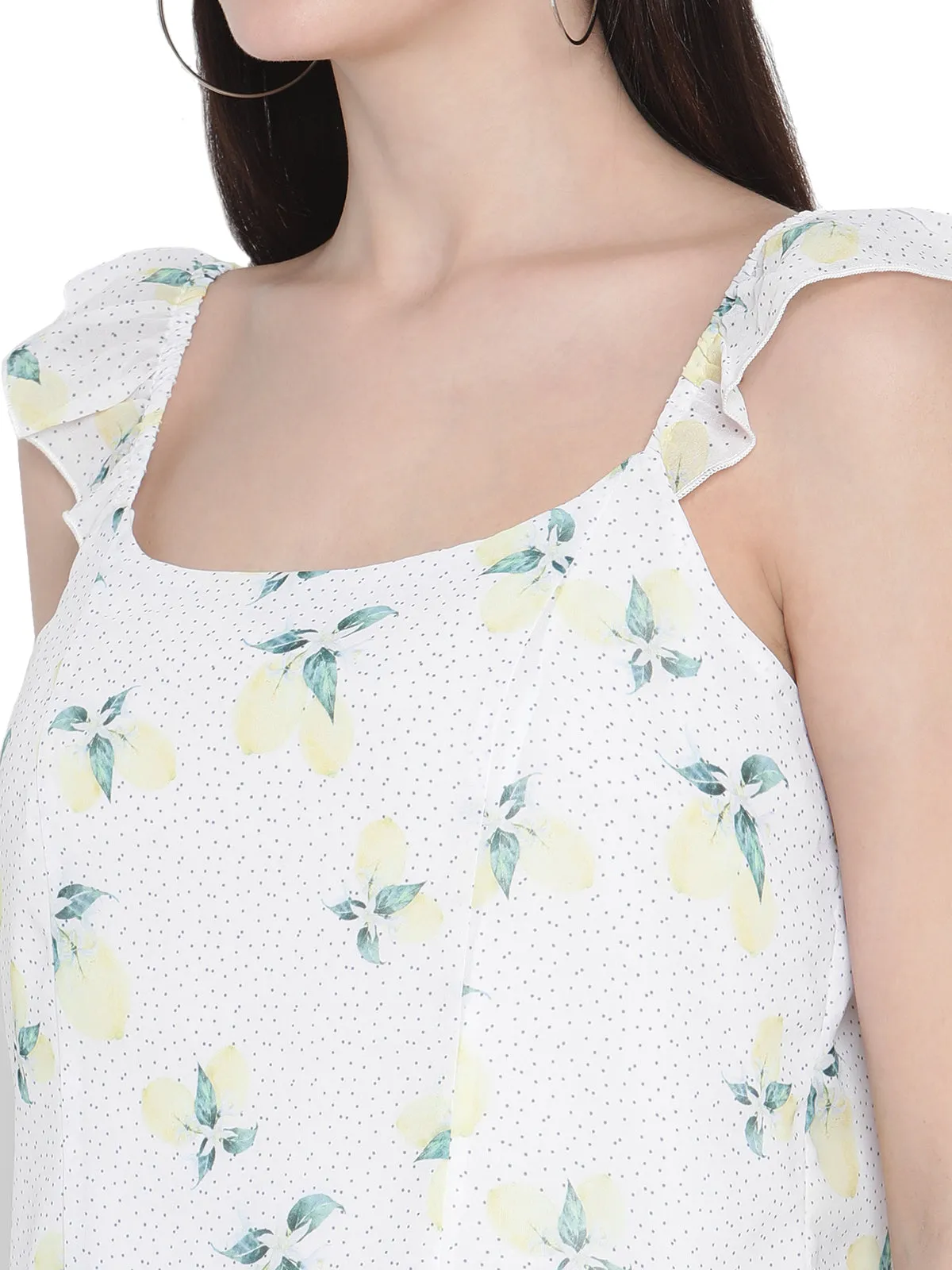 Porsorte Womens Poly Georgette Lemon Print Strappy flared Top