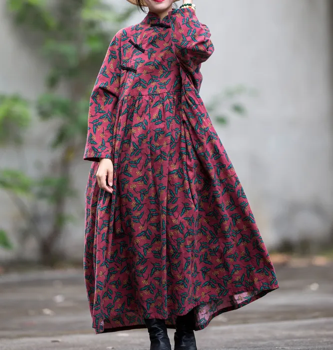 Print Long Sleeve Dresses Cotton Linen Dress Women Dress XSYCP9201229