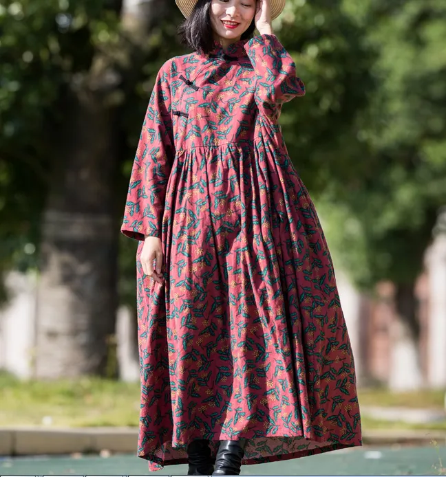 Print Long Sleeve Dresses Cotton Linen Dress Women Dress XSYCP9201229