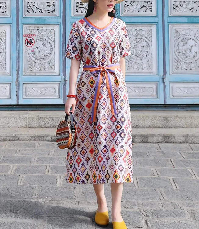 Print V Neck Women Dresses Ramie Casual Spring Linen Women Dresses SSM97215