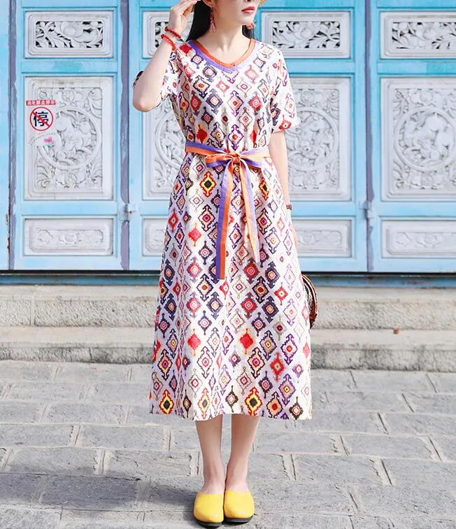 Print V Neck Women Dresses Ramie Casual Spring Linen Women Dresses SSM97215