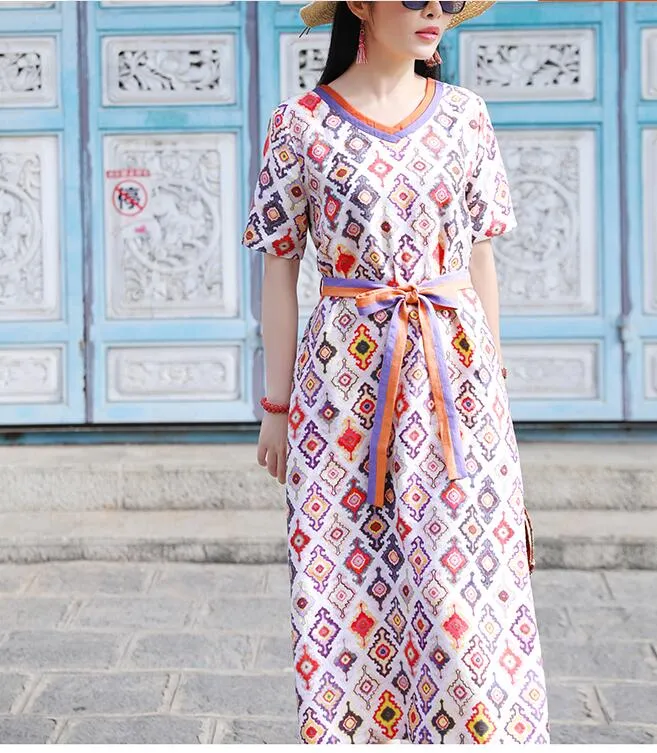 Print V Neck Women Dresses Ramie Casual Spring Linen Women Dresses SSM97215