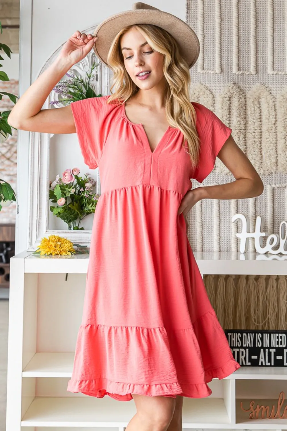 Ruffled Notched Cap Sleeve Dress