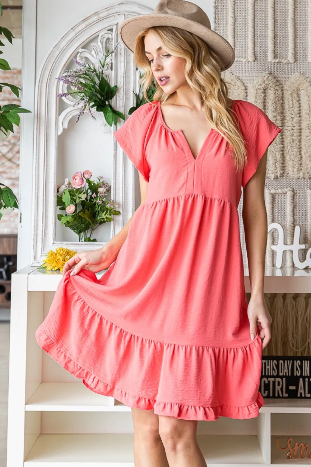 Ruffled Notched Cap Sleeve Dress