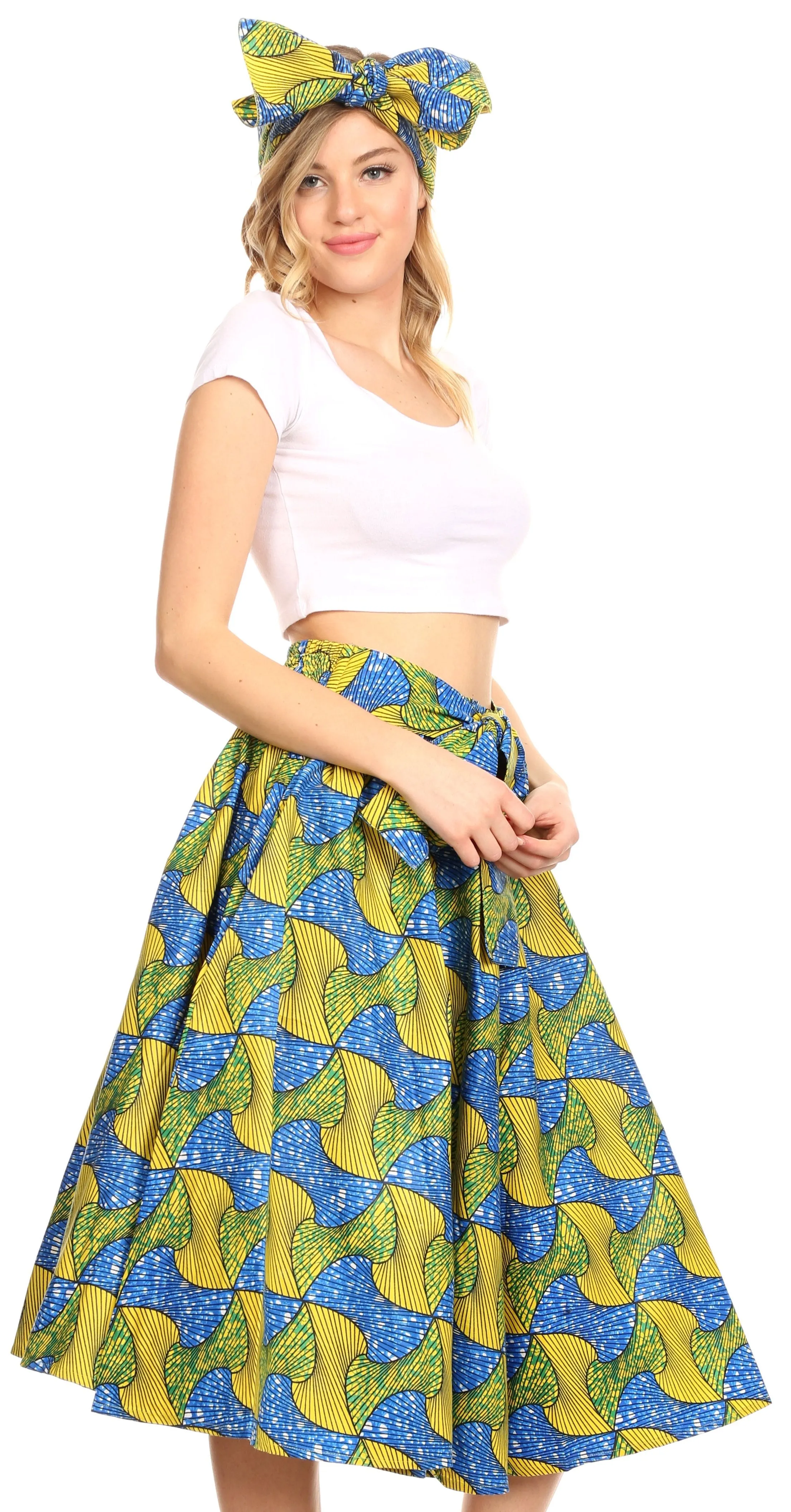 Sakkas Ama Women's Vintage Circle African Ankara Print Midi Skirt with Pockets