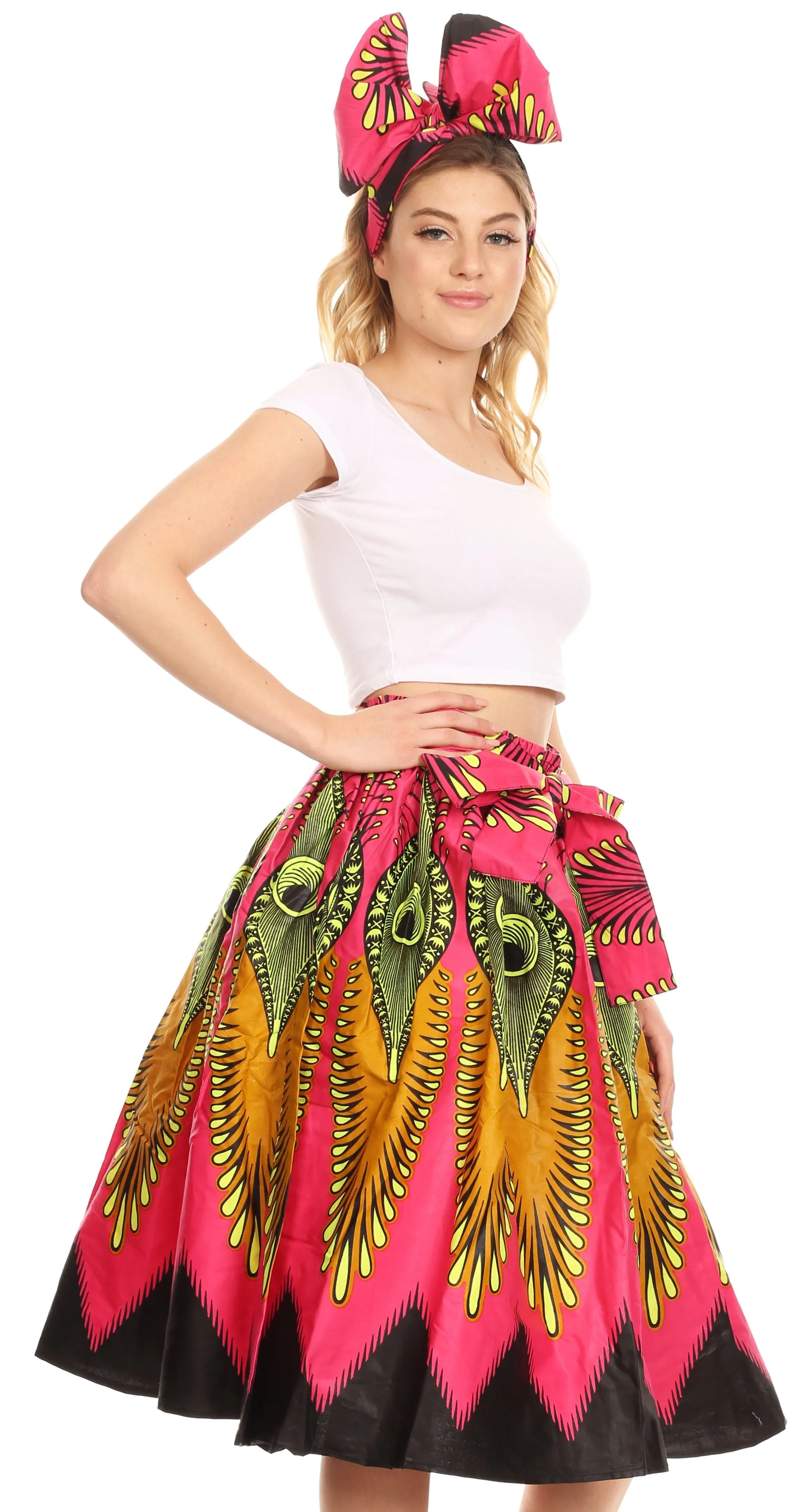 Sakkas Ama Women's Vintage Circle African Ankara Print Midi Skirt with Pockets