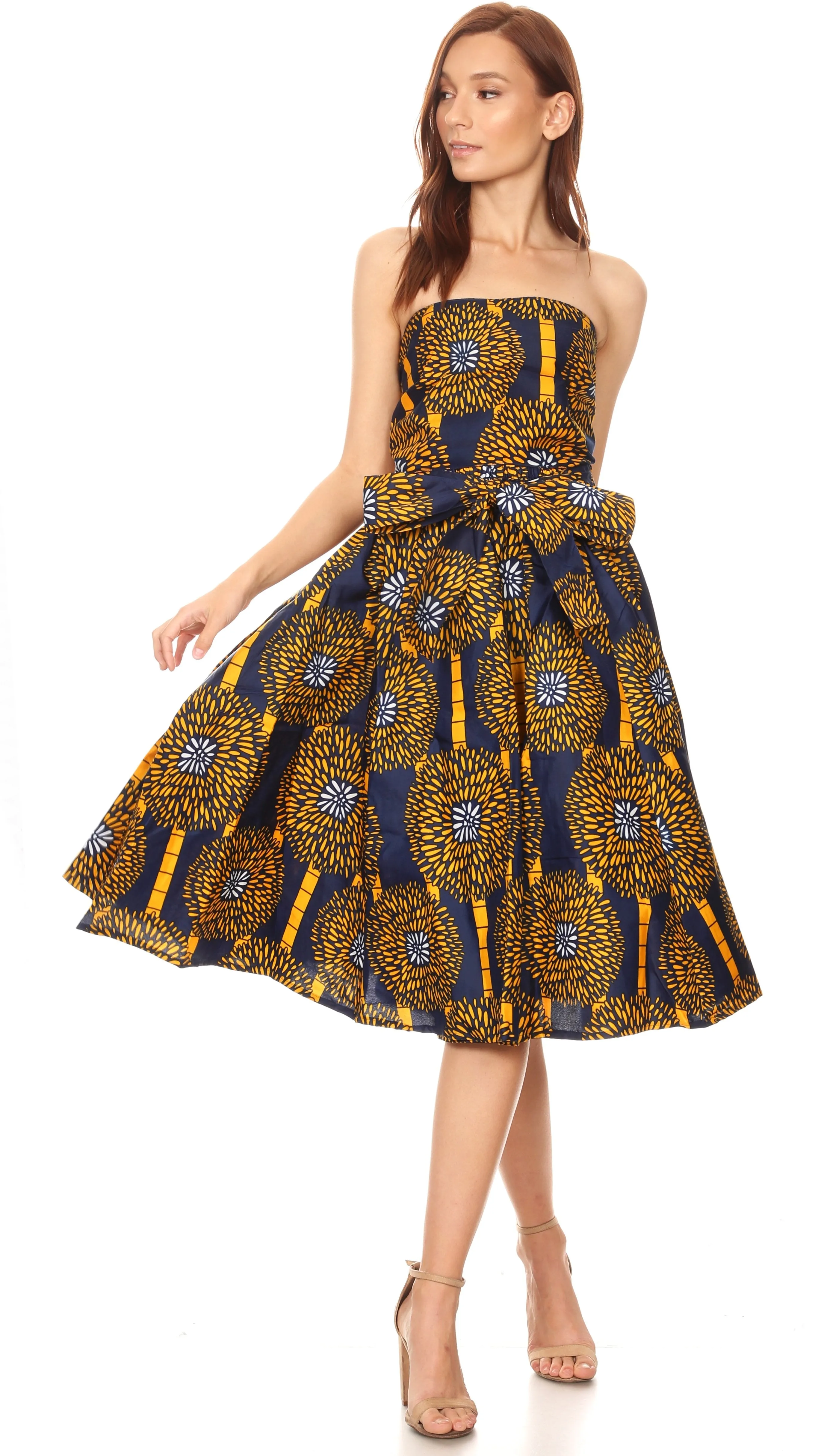 Sakkas Ama Women's Vintage Circle African Ankara Print Midi Skirt with Pockets