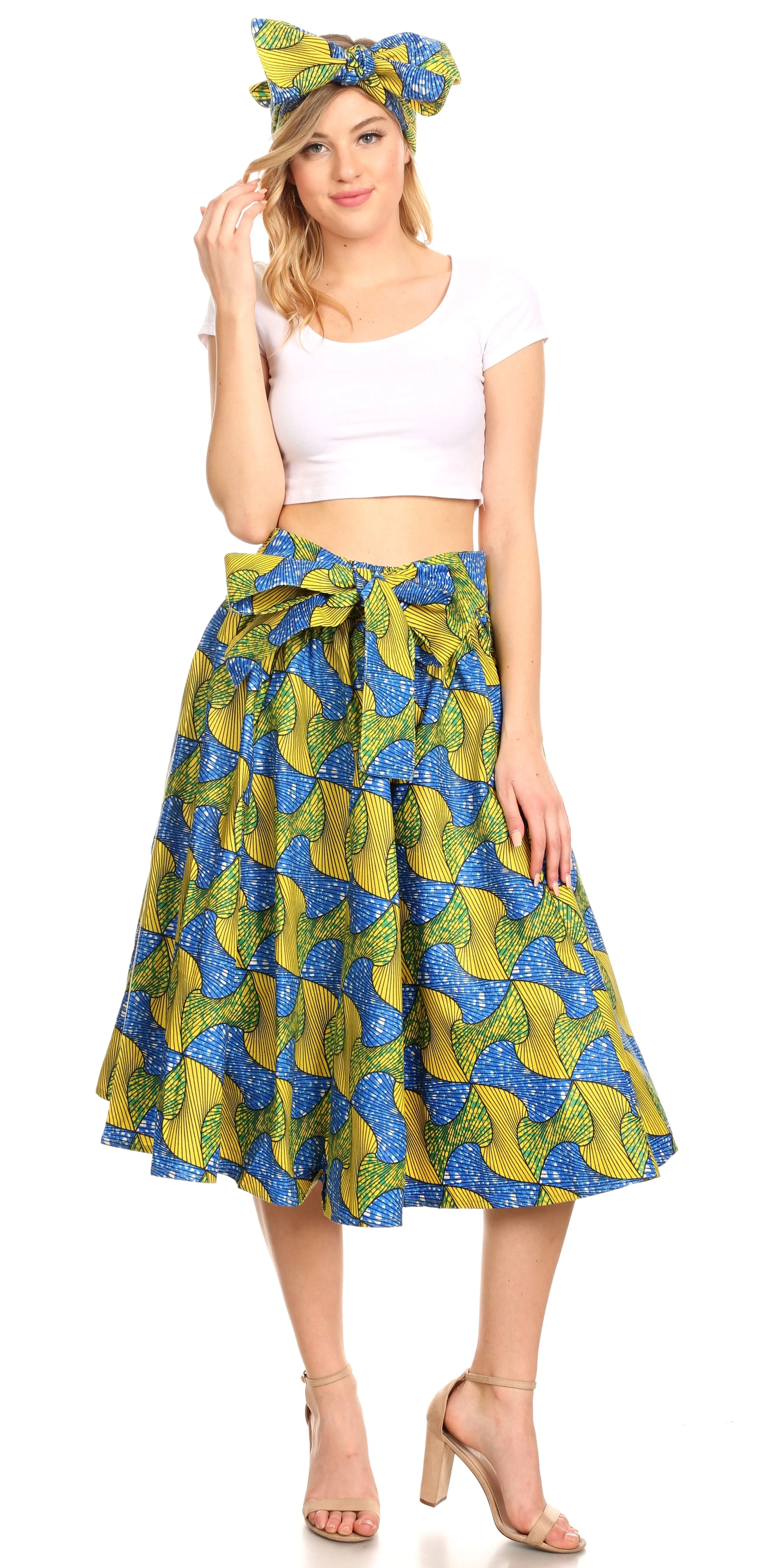 Sakkas Ama Women's Vintage Circle African Ankara Print Midi Skirt with Pockets