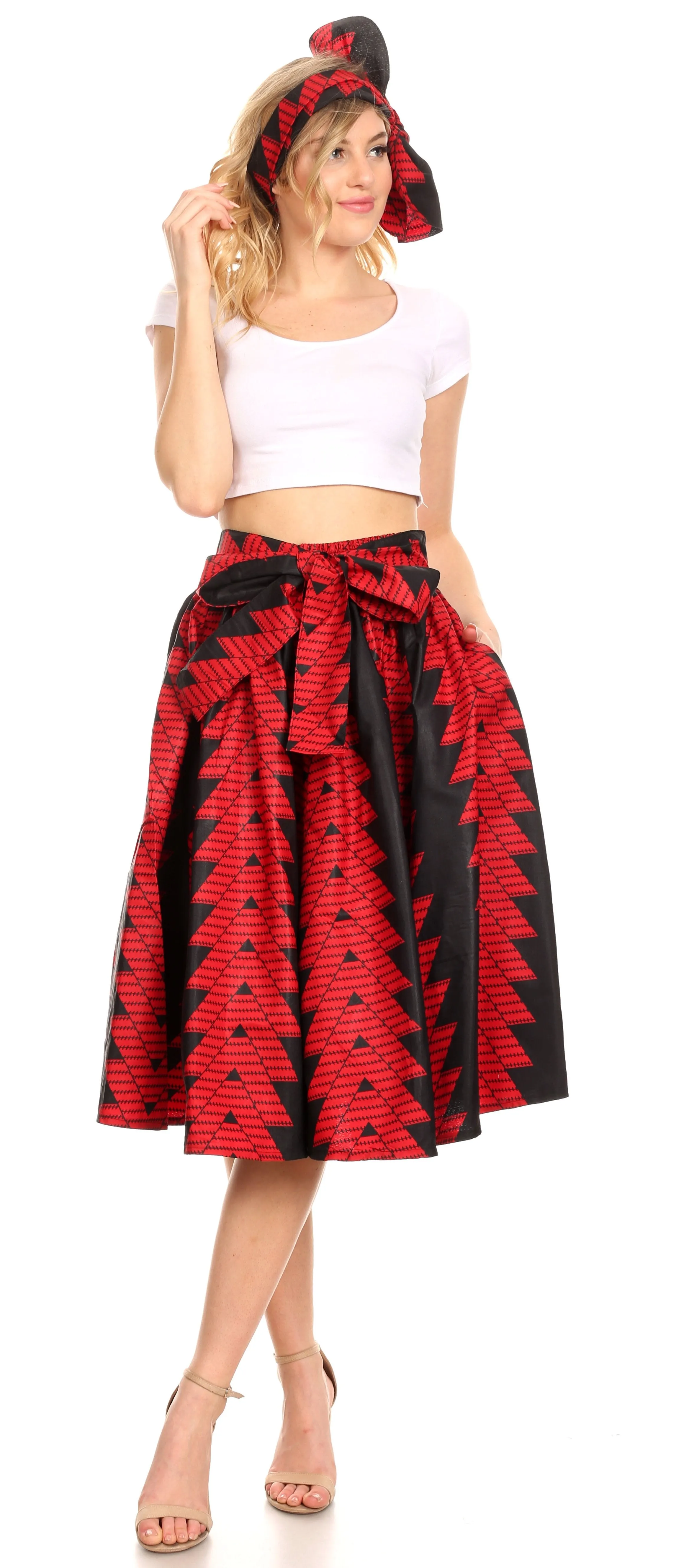 Sakkas Ama Women's Vintage Circle African Ankara Print Midi Skirt with Pockets