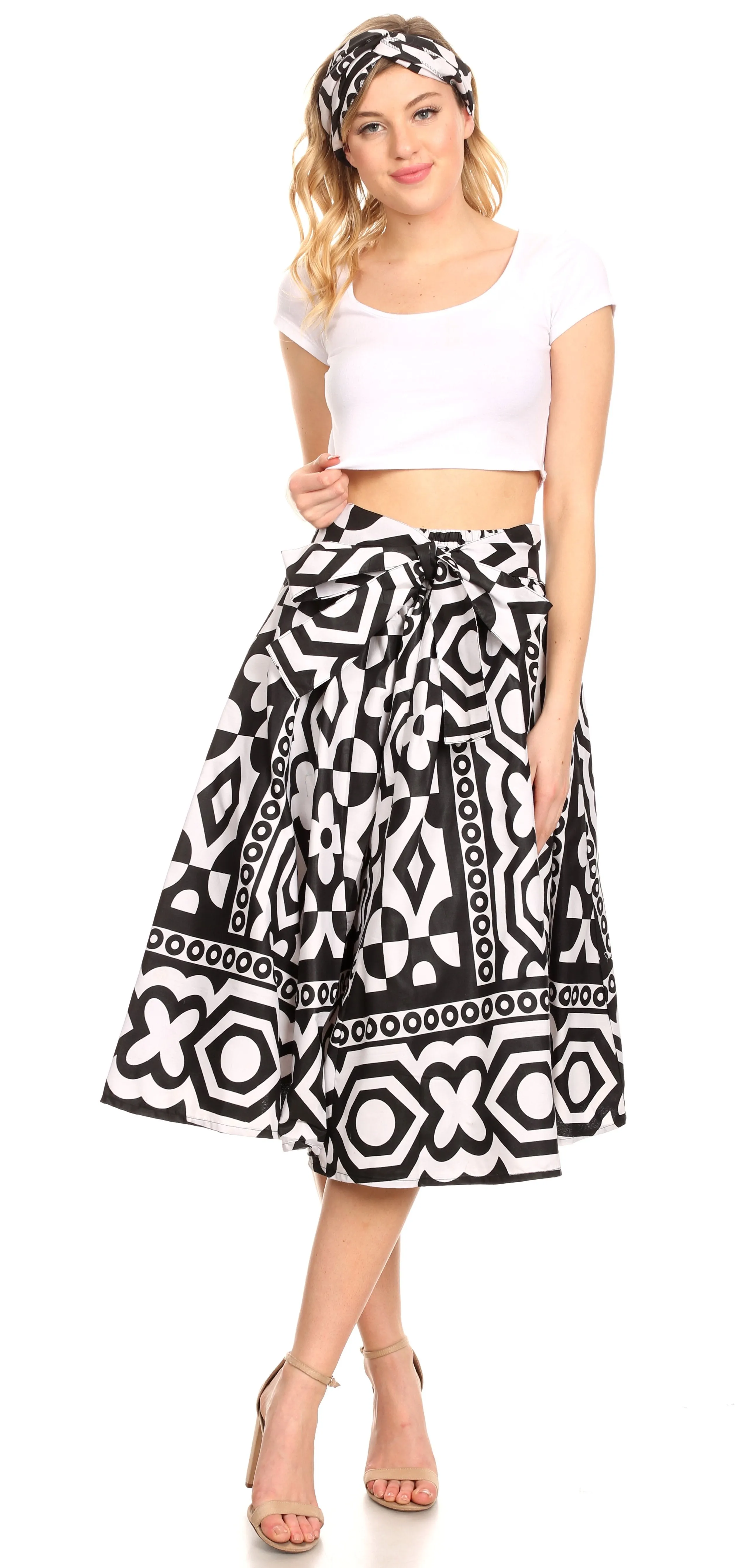 Sakkas Ama Women's Vintage Circle African Ankara Print Midi Skirt with Pockets